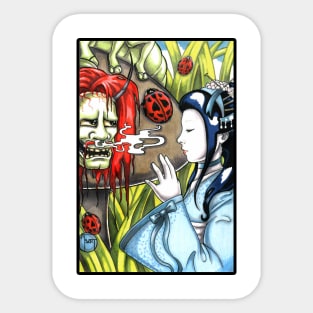 Japanese Alice in Wonderland and Caterpillar - Black Outlined Version Sticker